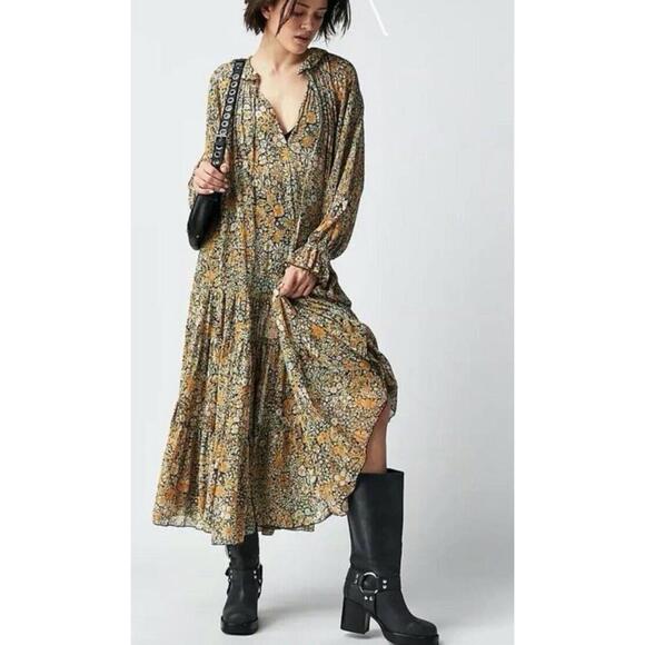 Free People Dresses & Skirts - Free People Feeling Groovy Floral Long Sleeved Maxi Dress Sheer No Slip Large